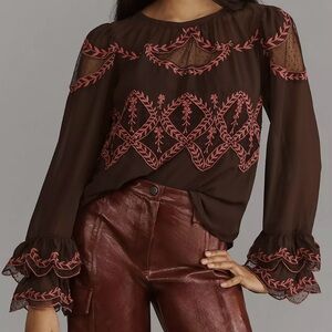 Chic Anthropologie Brown Blouse with Pink Embroidery
